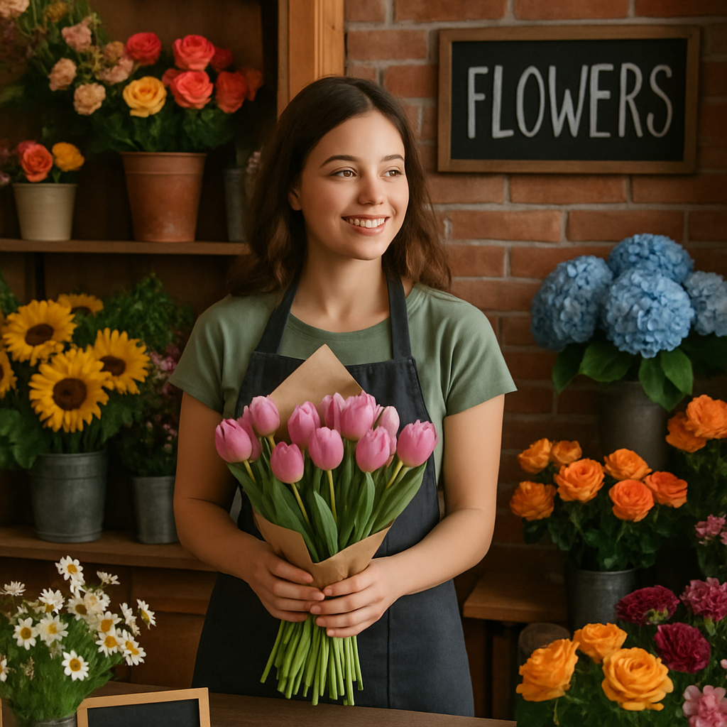 Ein Blumenladen, in dem eine junge Frau Blumen verkauft – 1