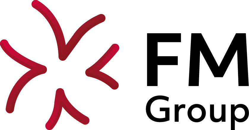 The image shows the logo for FM Group, a global company in the floriculture sector that provides wholesale flowers, plants, and related services.